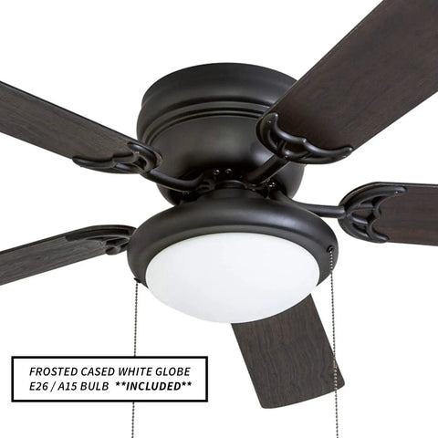 Hugger 52-Inch Matte Black Ceiling Fan With Bowl Light Kit Low Ceiling Friendly Dimmable Frosted Light 5-Blade Matte Black Finish