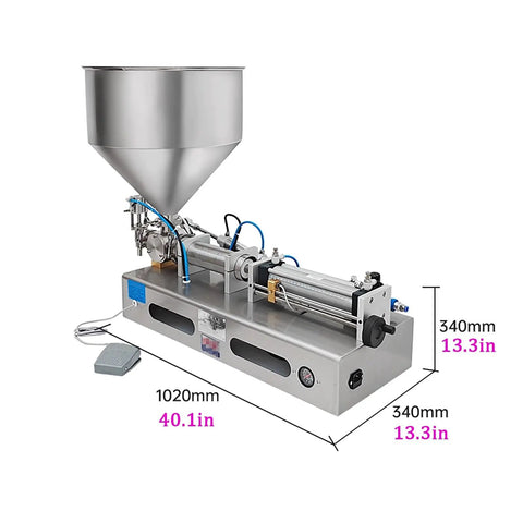 Smooth semi automatic pneumatic bottle filler machine for shampoos lotions heavy pastes and gels up to one 500 milliliters.