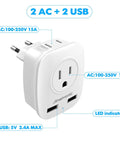 3 Pack European Travel Plug Adapter With Dual USB Ports And Two US Outlets, 4 In 1 Type C Power Converter For Spain Italy France Germany Greece Israel And More, showing front view with LED indicator and labels.