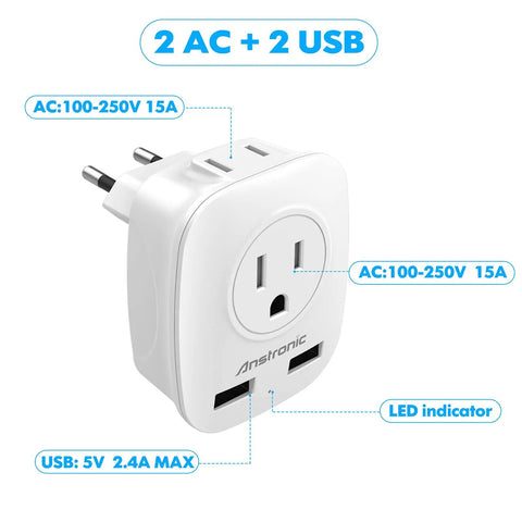 3 Pack European Travel Plug Adapter With Dual USB Ports And Two US Outlets, 4 In 1 Type C Power Converter For Spain Italy France Germany Greece Israel And More, showing front view with LED indicator and labels.