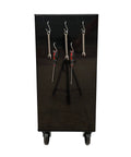 Side view of Rolling Metal Tool Chest With 5 Drawers, 24 Inch Wide Cabinet, showing attached tools, in black, on heavy duty casters