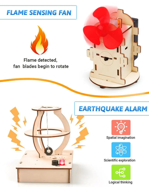 Hands On STEM Kit For Kids Ages Eight To Thirteen Five Wooden 3D Puzzles And Educational Science Experiment Building Projects Crafts Toys - flame sensing fan and earthquake alarm models.
