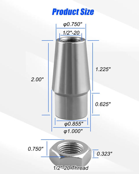 1/2-20 Heim Joint Rod End Kit LH RH With Tube Adapters And Jam Nuts For Linkages, Suspension And Steering Systems, Beefed Up Spherical Bearings For Auto, Kart, RC, And DIY Projects size diagram