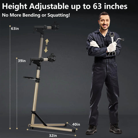 Height adjustable Beefy Pro Grade Aluminum Bike Repair Stand with 360-degree clamp, standing next to a person for scale, max 63 inches tall.