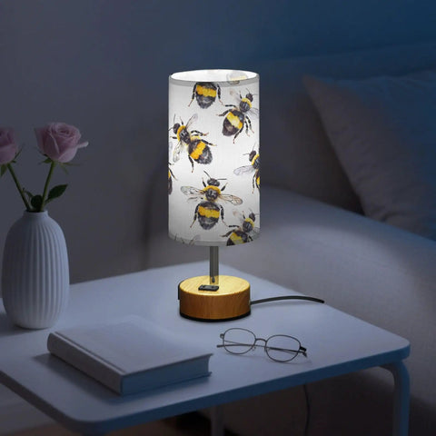 Bee Watercolor White Decor Bedside Table Lamp With 3 Way Dimmable Touch Control And Built In Charging Station on nightstand