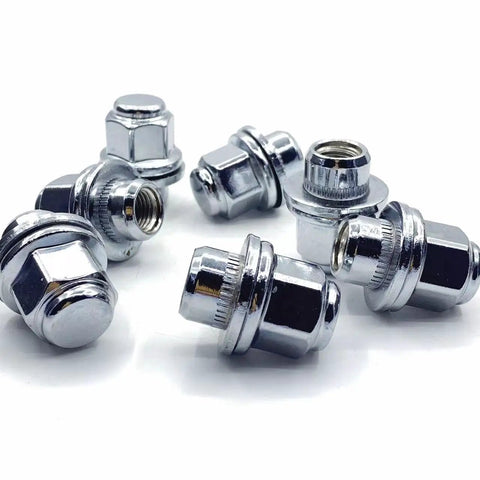 Top Notch M12x1.5 Chrome Lug Nuts With Matching Wheel Studs For Toyota Corolla Camry C-Hr Lexus And Scion, Killer Mag Seat Washer Style Steel Kit That Stays Rust Free And Looks Fresh. chrome lug nuts on white