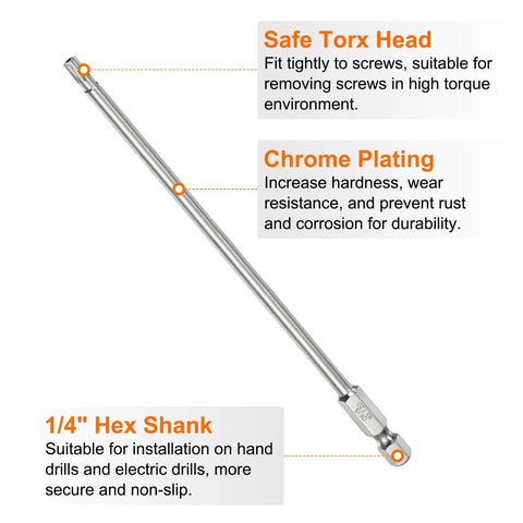 Built Tough T20 Security Torx Bits With Quarter Inch Hex Shank And Six Inch Length Crafted From Grade S2 Steel Magnetic Tamper Resistant Bits shown with safe Torx head and chrome plating.
