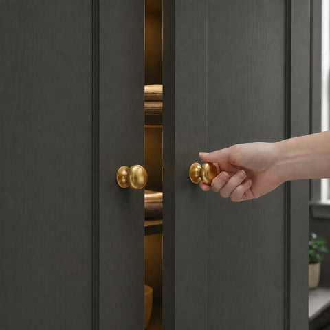 Hand opening door with Brushed Satin Gold Wide Base Bifold Closet Door Knobs 4 Pack With Golden Round Cabinet Wardrobe Drawer Pull Knobs Dresser One And A Half Inch Brass Handles Easy Install.