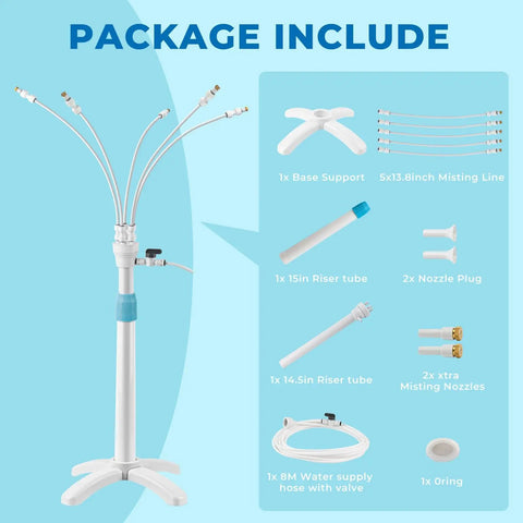 Package contents of Stand Up Outdoor Mister System with brass nozzles, adjustable risers, and misting line for patio use