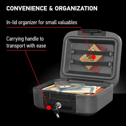 Interior view of Charcoal Gray Fireproof And Waterproof Safe Box With Key Lock For Money And Passport Stash Portable Travel Chest, open showing organization features.