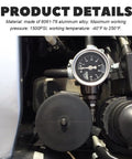 Automotive 6AN fuel line adapter with aluminum fittings and pressure gauge mounted in engine bay.