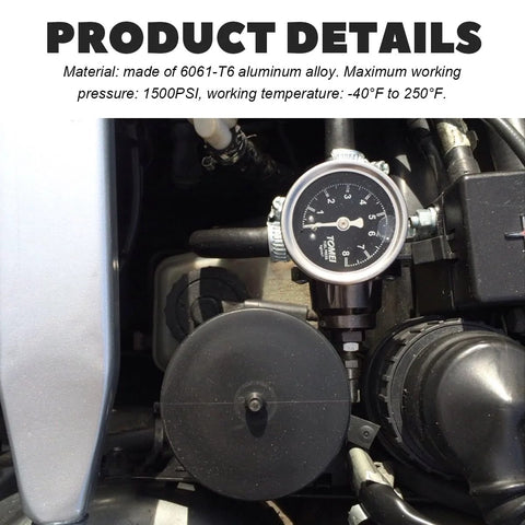 Automotive 6AN fuel line adapter with aluminum fittings and pressure gauge mounted in engine bay.
