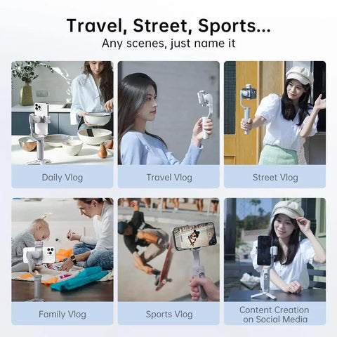 Various vlog scenarios featuring ISteady XE 3 Axis Smartphone Gimbal Stabilizer With Foldable Portable Design Lightweight 259g 280g