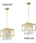 Modern Foyer Chandelier With Black Crystal And Square Metal Frame, Adjustable Height Entryway Light Fixture, on and off states