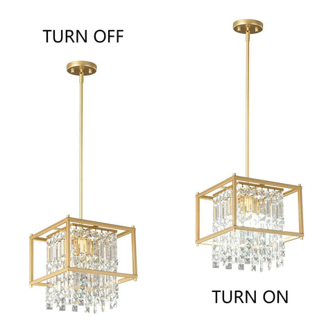 Modern Foyer Chandelier With Black Crystal And Square Metal Frame, Adjustable Height Entryway Light Fixture, on and off states