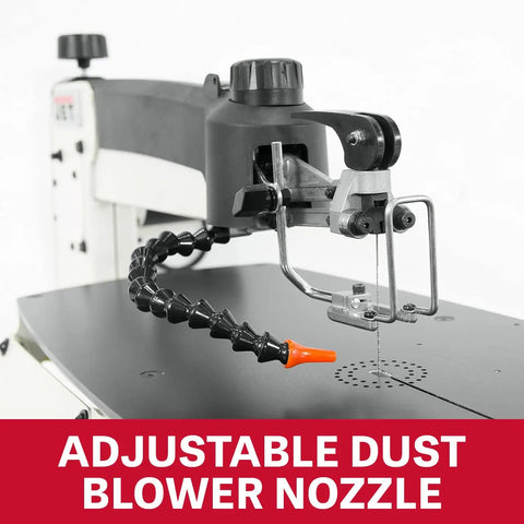 18 Inch Variable Speed Scroll Saw With 120V Power, Tilt Arm 45 Degrees Right And 30 Degrees Left, Removable Dust Port, Two And One Half Inch Port, Large Eleven And Five Eighths Inch By Twenty One Inch Steel Table, Vibration Free Precision Woodworking