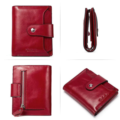 Women Leather Wallet RFID Blocking Small Bifold Zipper Pocket Card Case Purse With ID Window Red, Compact Yet Roomy Everyday Carry.