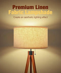 Wood Tripod Floor Lamp With Mid Century Vibe, tall standing lamp with flaxen linen shade and wooden legs, LED bulb included
