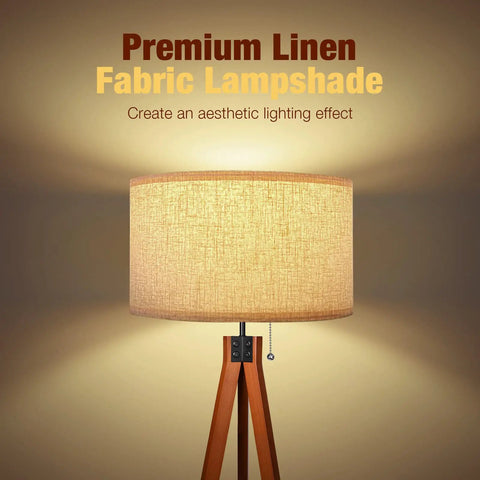 Wood Tripod Floor Lamp With Mid Century Vibe, tall standing lamp with flaxen linen shade and wooden legs, LED bulb included