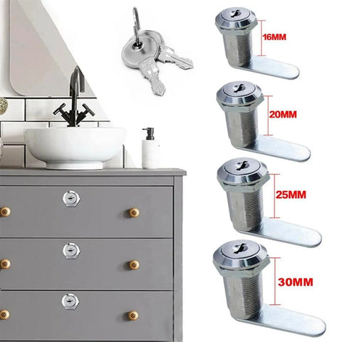 Heavy Duty Metal Mailbox Cam Lock Kit 16mm 20mm 25mm 30mm With 2 Universal Keys One Piece Pack displayed with cabinet