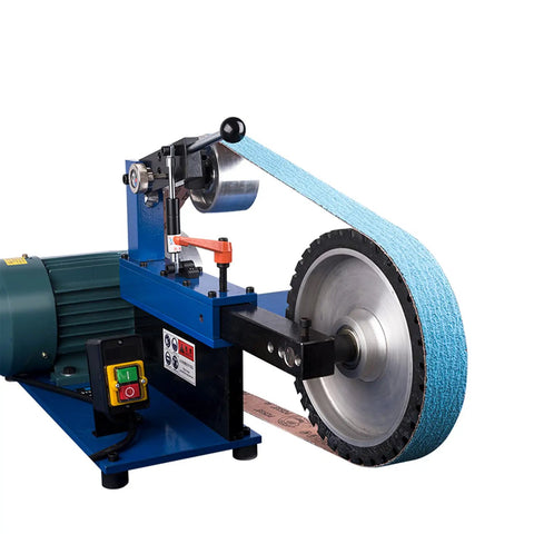 10x2 Inch Serrated Rubber Contact Wheel For Belt Grinder And Polishing Machine in operation with blue belt and motor