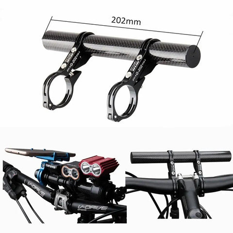 31.8mm Carbon Fiber Handlebar Extender Mount With Long Tube For Lights Bike Computer Phone Bell Mount And Accessories Aluminum Bracket Fits 25.4mm And 22.2mm Bar With Spacers, shown with handlebar attachment and dimensions.