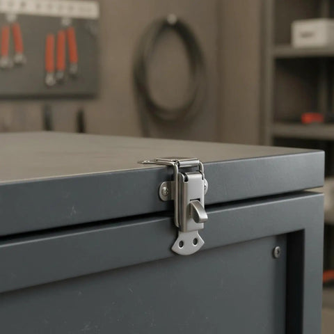 Heavy Duty Toggle Latch With Secure Grip Keeps Hinged Lids And Panels Locked Firm During Transport Perfect For Toolboxes Crates And Gear Boats To Stop Vibration From Banging Open Your Valuable Stuff on a gray toolbox.