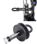 5 In 1 Dummy Hub Bicycle Tool Kit with chain keeper and ruler for 12mm thru axle maintenance, shown on bike.