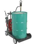 Heavy Duty Pneumatic Oil Pump Kit With 50 Foot Retractable Air Hose Reel 3.7 GPM on a mobile trolley with a green oil drum.