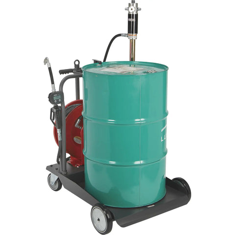Heavy Duty Pneumatic Oil Pump Kit With 50 Foot Retractable Air Hose Reel 3.7 GPM on a mobile trolley with a green oil drum.