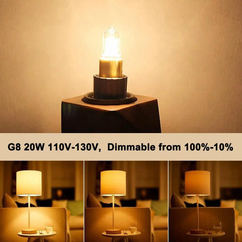 G8 Halogen Bulbs 10 Pack, 20W 120V Bi Pin Xenon JCD Type, Warm White Dimmable Under Cabinet Puck Lights showcased with a lamp.