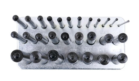 28 Piece Transfer Punch Set Pro Grade 3/32 To 1/2 By 64ths In Metal Index Case shown from top view