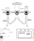 Technical drawing of 2 Handle Deck Mount Roman Tub Faucet Set In Brushed Nickel, High Flow Bath Tub Fixture with dimensions and installation details.