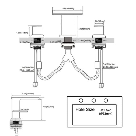 Technical drawing of 2 Handle Deck Mount Roman Tub Faucet Set In Brushed Nickel, High Flow Bath Tub Fixture with dimensions and installation details.