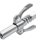 Grease gun coupler with dual locking levers, chrome-plated steel, 1/8 NPT fitting (angled side view)