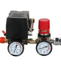 Front view of Secbolt pressure switch manifold with two gauges, black regulator body and red knob.
