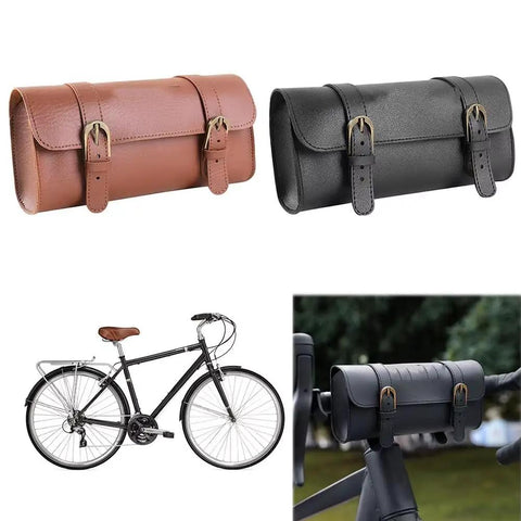 Slick Retro Faux Leather Handlebar Bag For Happy E Bike Off Road MTB With Secure Metal Buckles Weatherproof Pouch For Gravel Riders, 22x11x6cm
