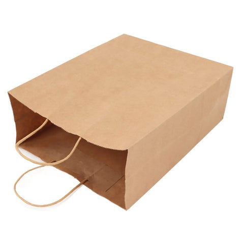 Kraft Paper Shopping Bags With Handles 50 Pack Reusable And Durable All Purpose For Grocery Runs Gifts Wrapping DIY Decor And Crafts Large Capacity 330x260x120 Mm laying flat on its side, showing sturdy construction and handle design.