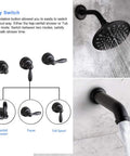 Matte Black 3 Handle Tub And Shower Faucet Set With 6 Spray Shower Head Solid Brass High Flow Waterfall Tub Filler Tub Spout And Trim Kit With Valve Easy Install Bathroom Mixer For A Sleek Upgrade, featuring easy switch diagram.