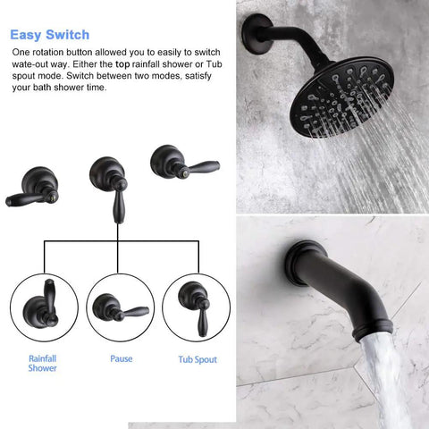 Matte Black 3 Handle Tub And Shower Faucet Set With 6 Spray Shower Head Solid Brass High Flow Waterfall Tub Filler Tub Spout And Trim Kit With Valve Easy Install Bathroom Mixer For A Sleek Upgrade, featuring easy switch diagram.