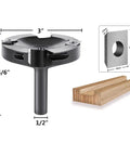 CNC Spoilboard Surfacing Router Bit Half Inch Shank 3 Inch Cutting Diameter With 2x2 Carbide Inserts, dimensions and wood sample