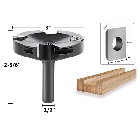 CNC Spoilboard Surfacing Router Bit Half Inch Shank 3 Inch Cutting Diameter With 2x2 Carbide Inserts, dimensions and wood sample