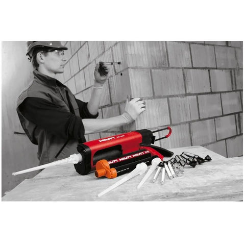 REM Adhesive Mixing Nozzle for HIT RE 500 and HY 150 Max Anchors with heavy duty plastic tip on a construction site