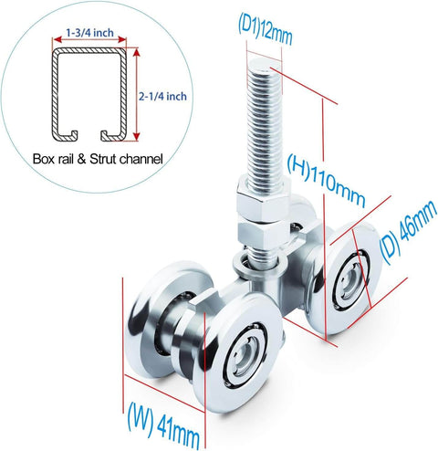 Two Pack Track Roller Wheels For Beam Trolley System, Sliding Door Roller Track Wheels With Box Rail Strut Channel diagram