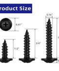 Illustration of 120 Piece Size Eight Phillips Truss Head Black Wood Screw Kit dimensions in half, three-quarter, and one inch sizes.