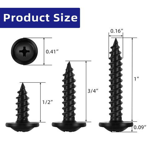 Illustration of 120 Piece Size Eight Phillips Truss Head Black Wood Screw Kit dimensions in half, three-quarter, and one inch sizes.