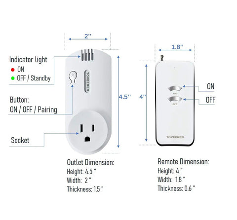 Ultra Long Range Remote Control Outlet 500 To 1000 Ft 15A Wireless Switch with dimensions and features labeled.