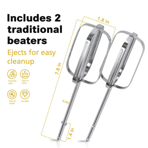 Hand Mixer Beater Set For Stainless Steel Turbo Beaters Compatible With 62682RZ 62692 62695V 64699 shown with dimensions and material info