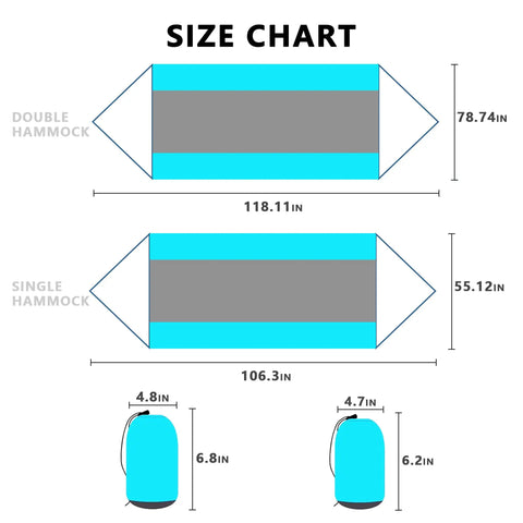 Size chart for Single Portable Parachute Nylon Hammock For Outdoor Adventure, showing dimensions and packed size.