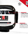Close-up of 3 Digit Mechanical Fuel Flow Meter with 90 Degree Inlet Outlet, 1 Inch NPT, 7 Digit Totalizer, and 3 Digit Readout.
